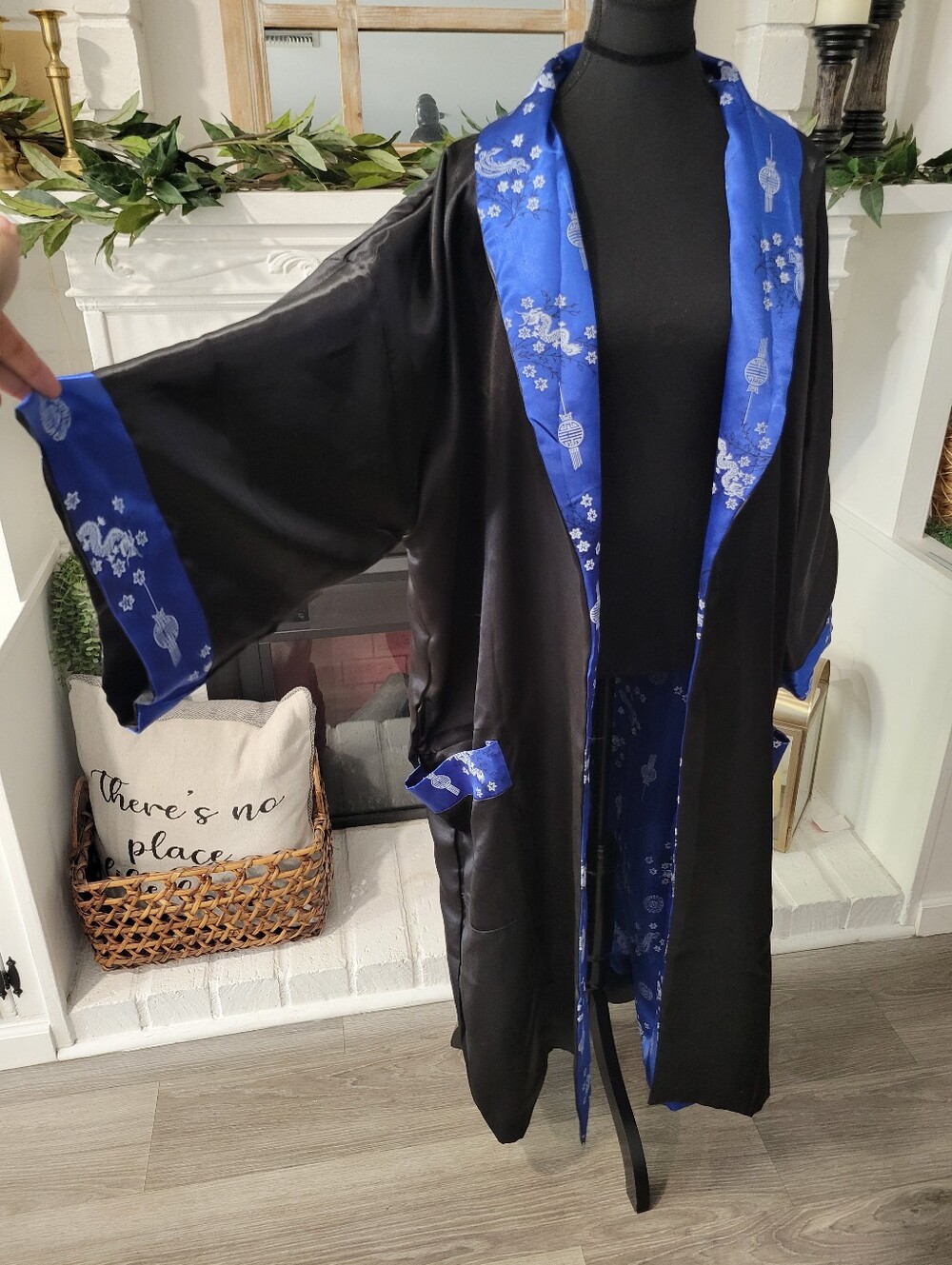Alexander Del Rossa Black/Royal Blue Satin Reversible Kimono Duster Robe XXL